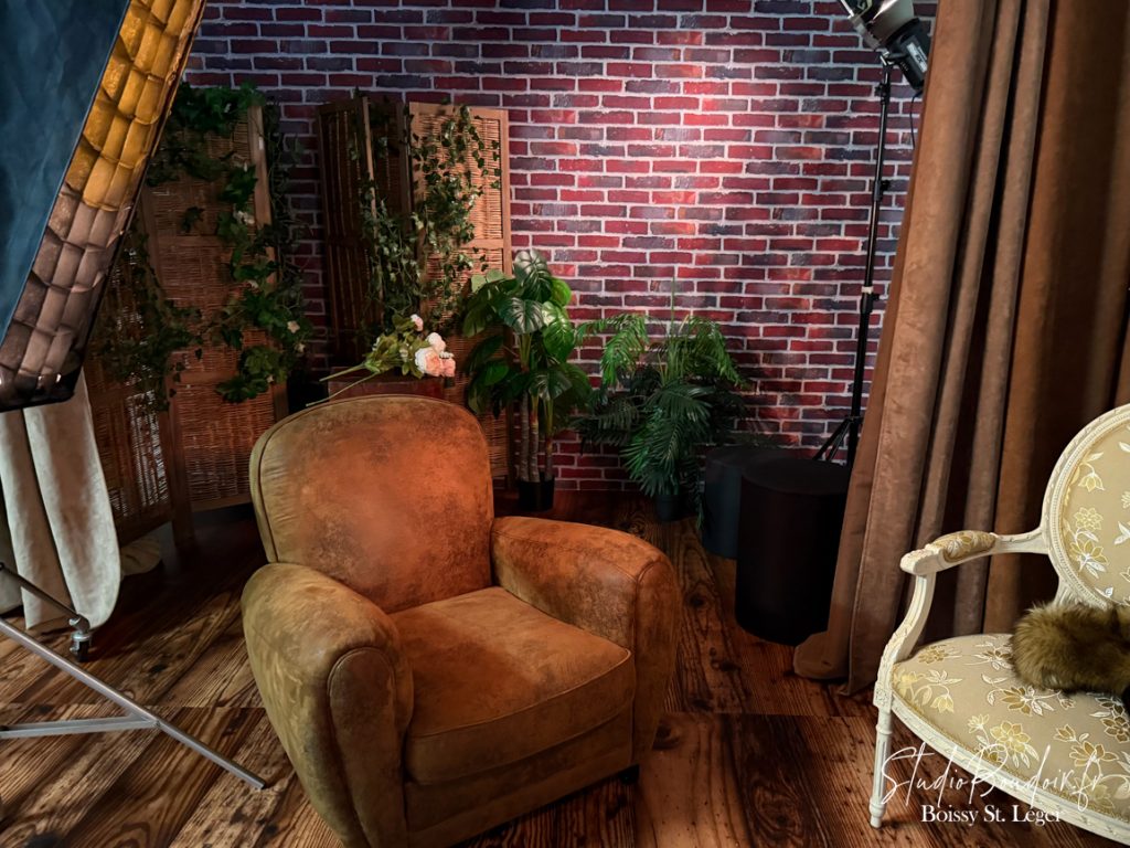 un petit bout du studio pour des shooting plus contemporains , dans un style loft ou appartement avec briques, et végétation