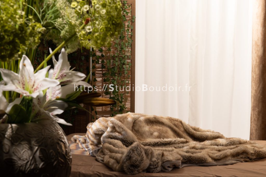 décors intime avec lit Shooting boudoir intimiste en contre-jour sur parquet bois